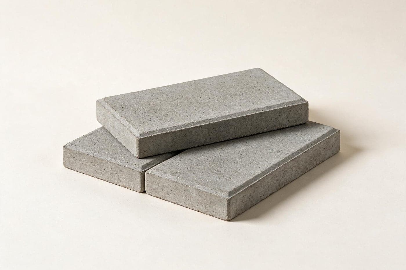 Paving bricks, a grey concrete unit photographed against a plain backdrop