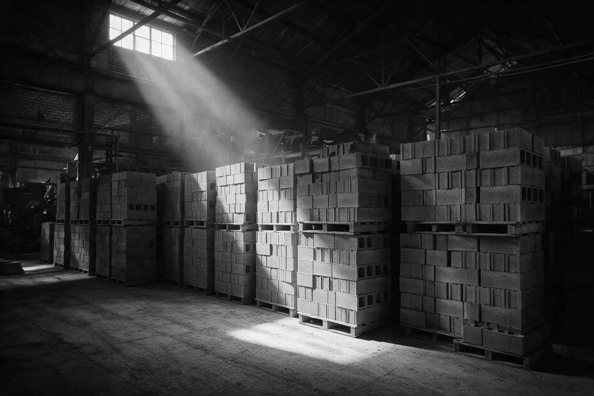 Stacks of cured concrete units on pallets inside a manufacturing plant, lit by a shaft of daylight